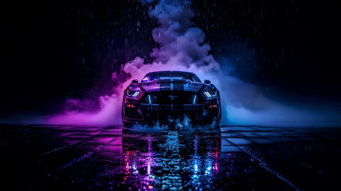 Ford Mustang in the rain with neon lights