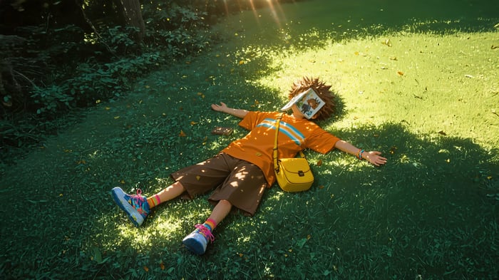 Anime boy sleeping on grass with a book
