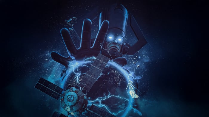Galactus Reaching for Earth with Fantastic Four Satellite