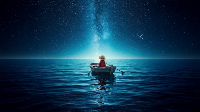 Monkey D. Luffy rowing a boat under the stars