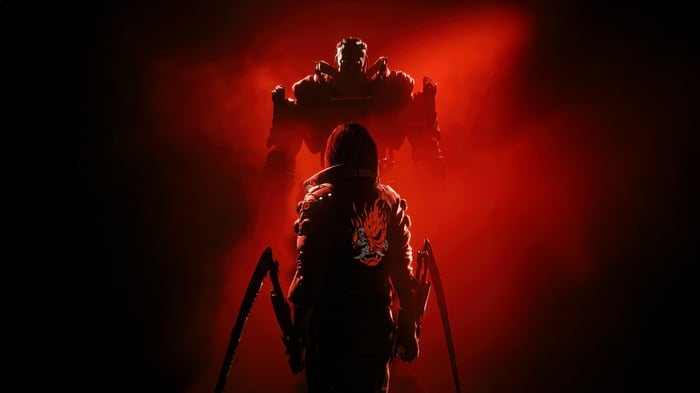 V and a giant robot in Cyberpunk 2077