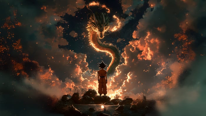 Goku meets Shenron in a fiery sky