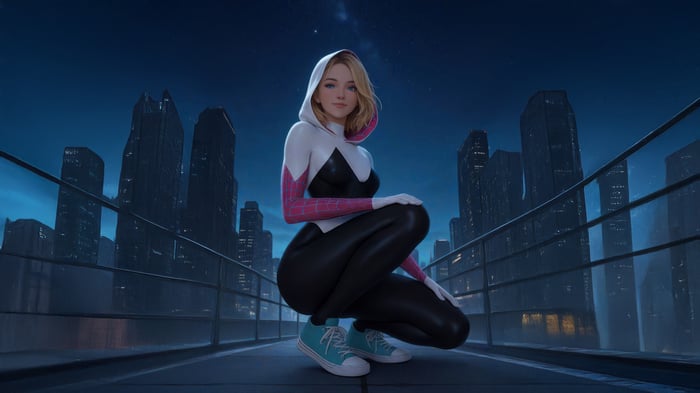 Spider-Gwen crouching on a rooftop at night