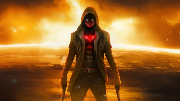 Red Hood with Guns and Fiery Background