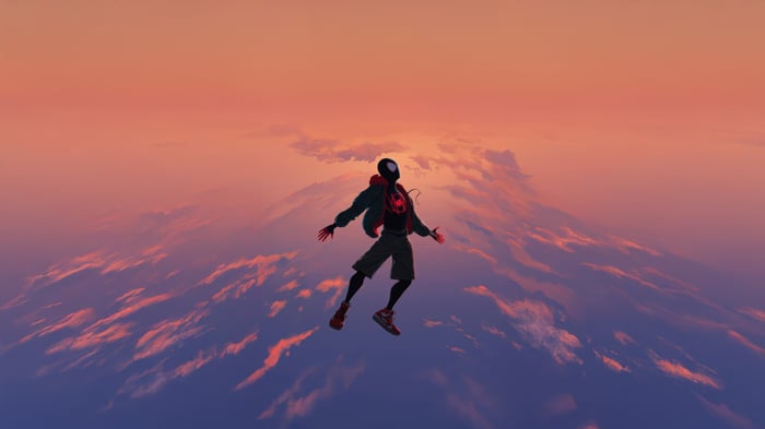 Miles Morales Flying Above Clouds at Sunset