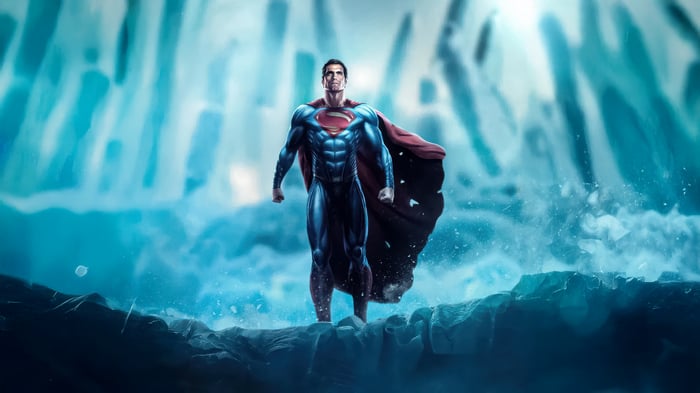 Superman standing in an icy landscape