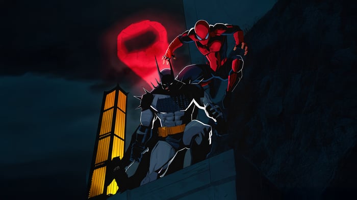 Batman and Spider-Man on a rooftop
