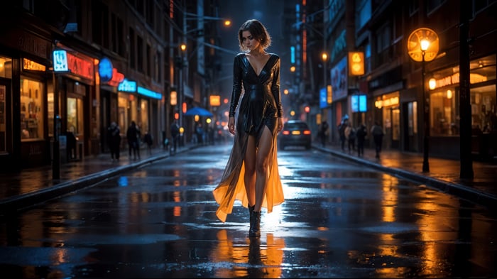 Woman in black dress on wet city street at night