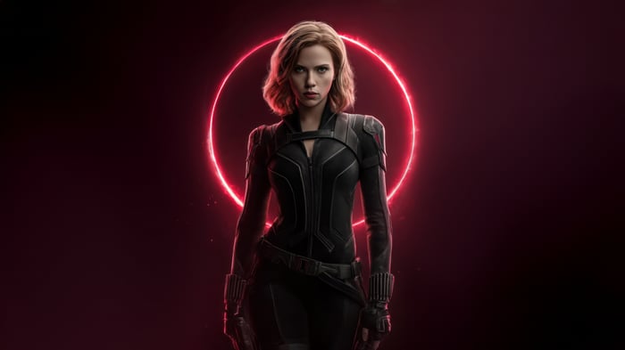 Black Widow in front of a red neon circle