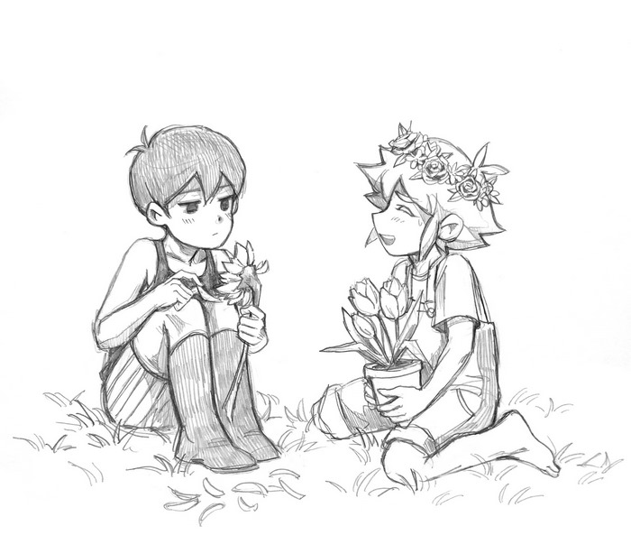 Omori and Basil Sitting with Flowers