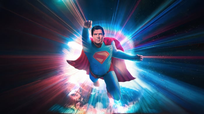 Superman flying through a light tunnel