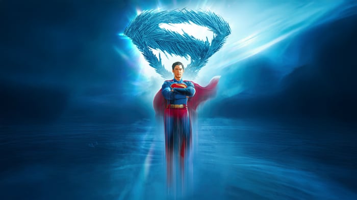 Superman with a frozen S-shield above him