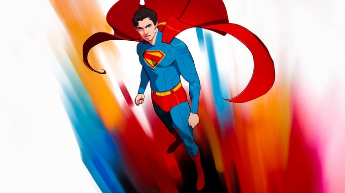 Superman flying with colorful streaks