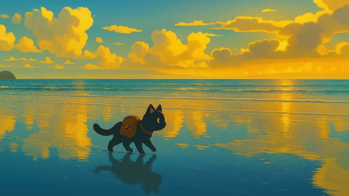 Black cat with backpack on beach at sunset