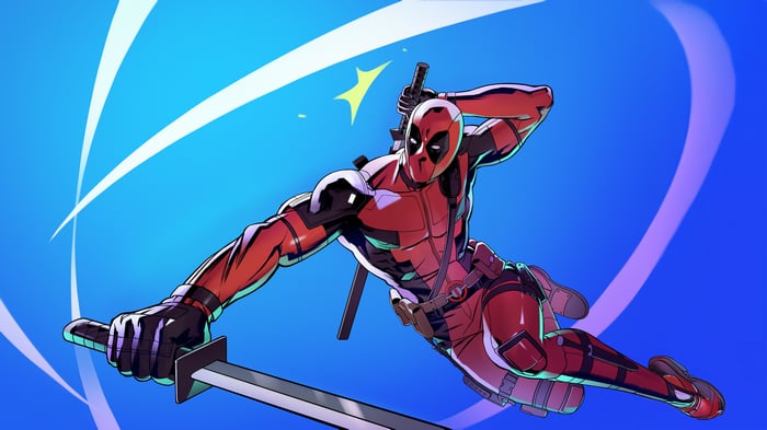 Deadpool in a dynamic pose with swords