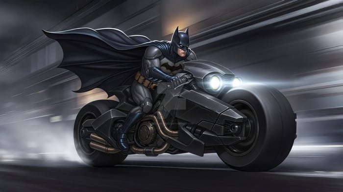 Batman riding the Batpod at high speed