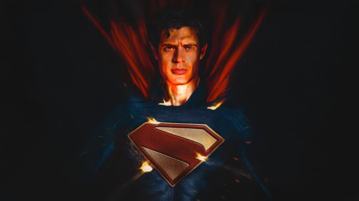 Superman with red cape and fiery effects