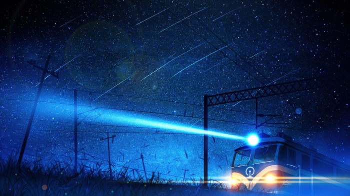 Midnight train with shooting stars