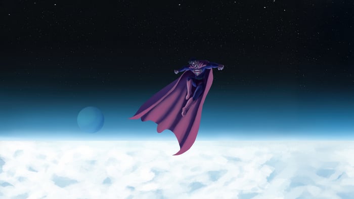 Superman flying above clouds with a planet in the distance