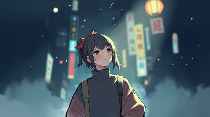 Anime girl with red hair ribbon at night