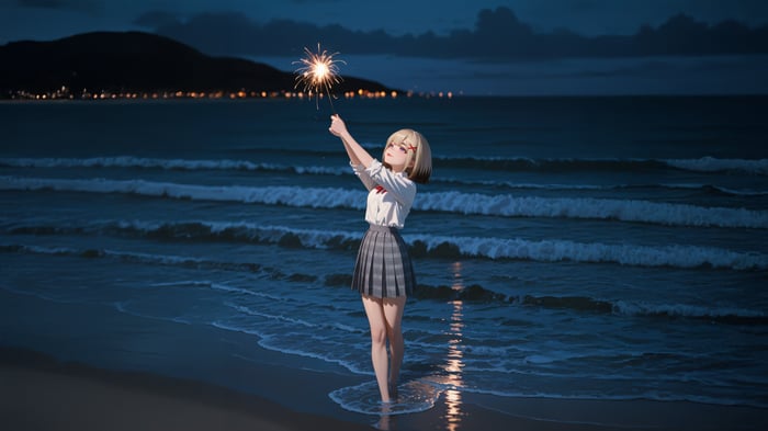 Anime Girl with Sparkler on Beach at Night
