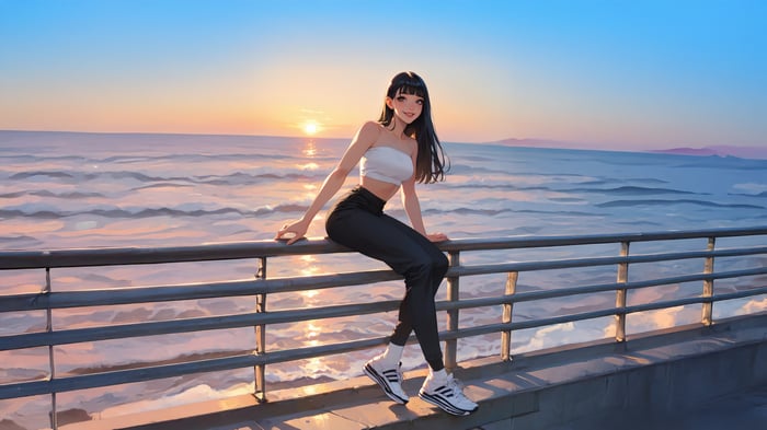 Asian girl sitting on a railing at the beach during sunset