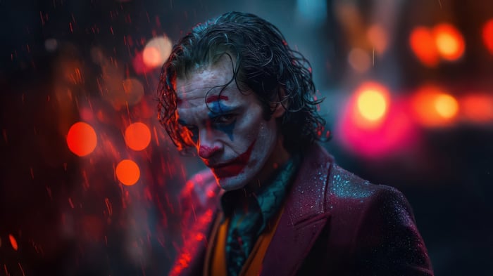 Joker in the rain with red lights