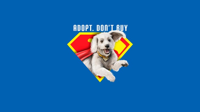 Krypto the Superdog with "Adopt. Don't Buy" text