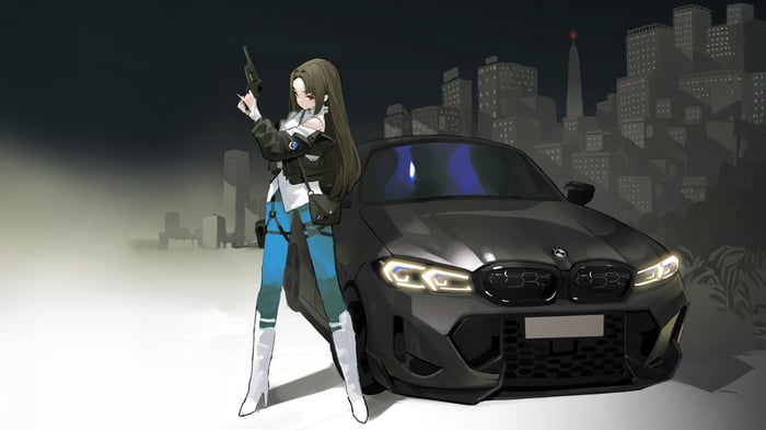 Anime Girl with BMW Supercar in City