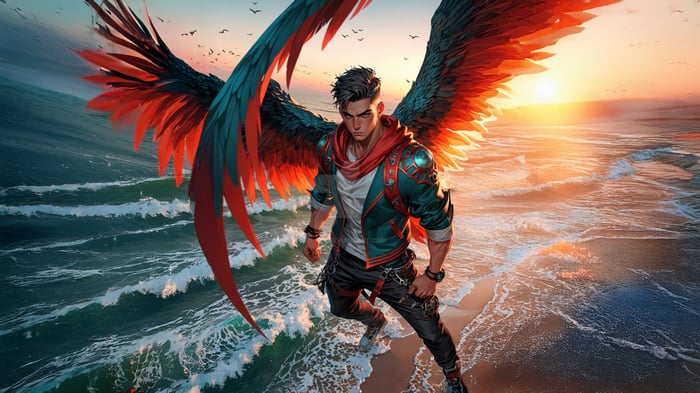 Anime Man With Wings Over Ocean At Sunset