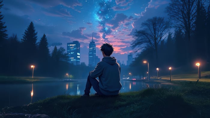 Boy sitting by lake at night with city skyline