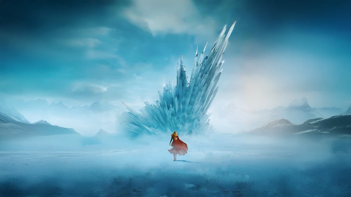 Elsa in front of an ice castle in a snowy landscape