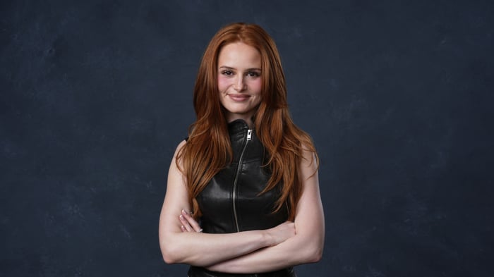 Madelaine Petsch in a black leather vest
