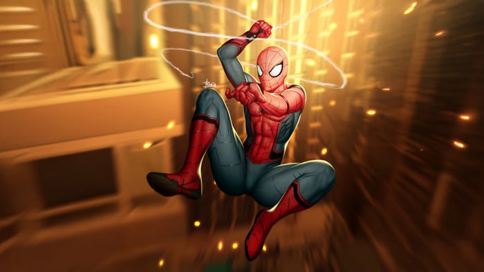 Spider-Man swinging through a city at night