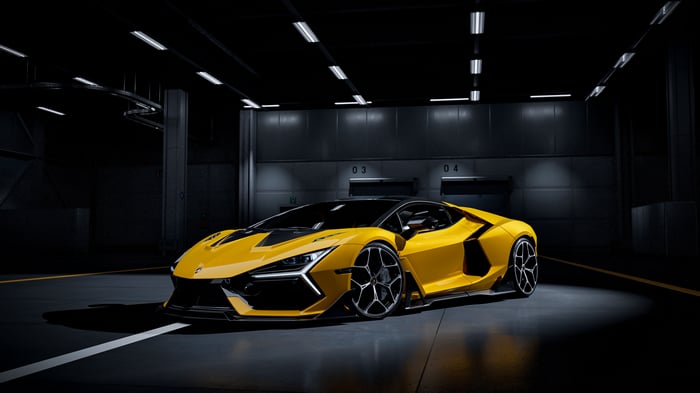 Yellow Lamborghini Revuelto 2025 in a dark garage