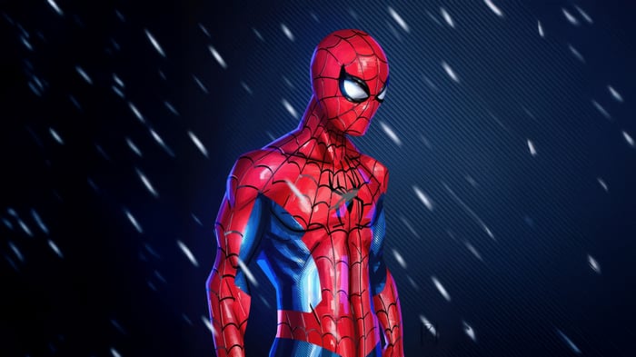 Spider-Man standing in the rain