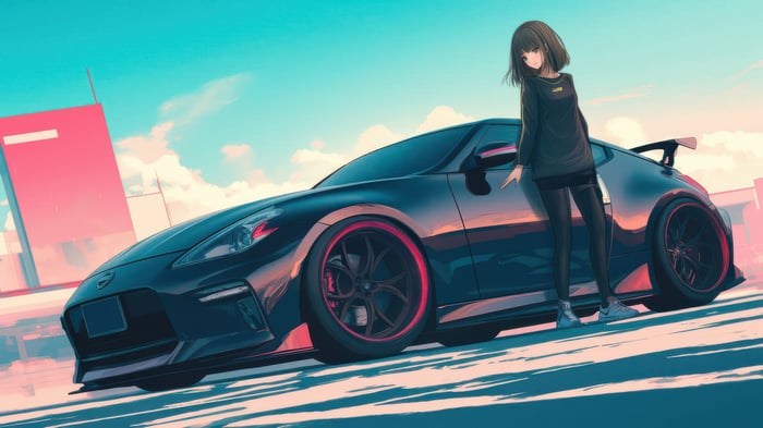 Anime girl with a black sports car