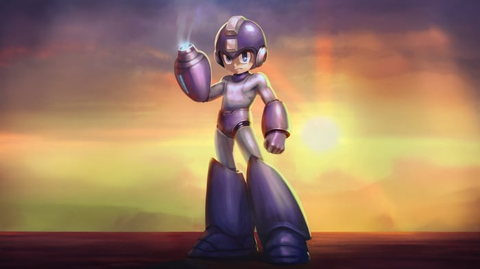 Mega Man standing against a sunset
