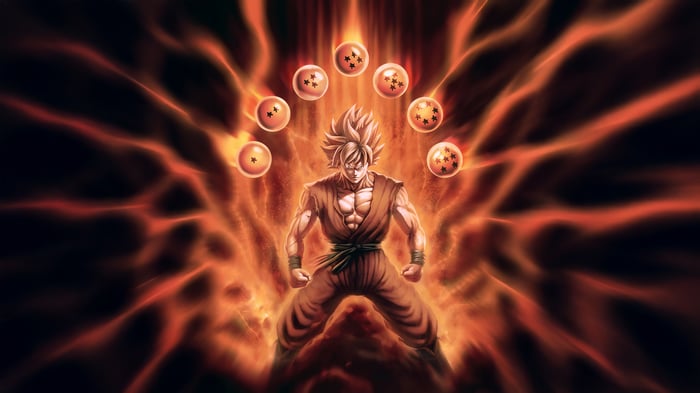 Goku surrounded by Dragon Balls with fiery aura