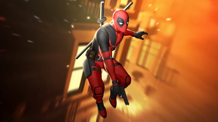 Deadpool in a red and black suit with swords and a gun