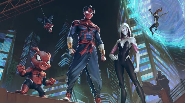 Spider-Man and allies in a futuristic city