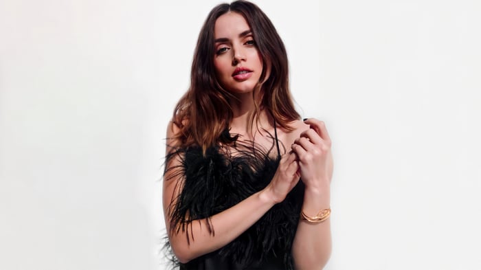 Ana De Armas in a black feathered top