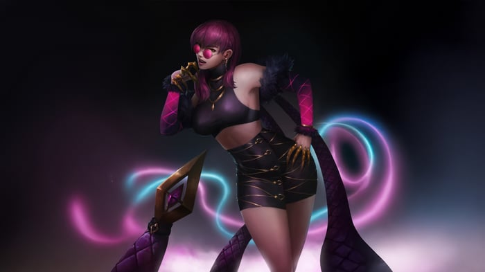 KDA Evelynn singing with pink and blue neon lights
