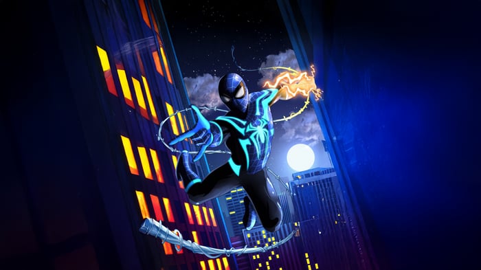 Spider-Man with Electric Powers in City at Night