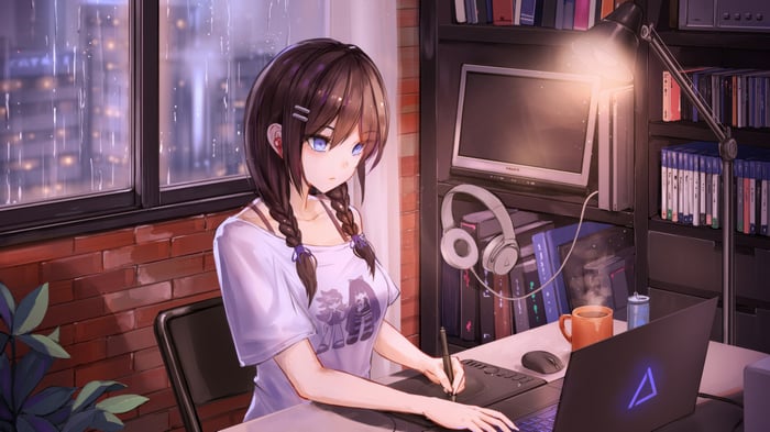 Anime girl working on a laptop during a rainy night