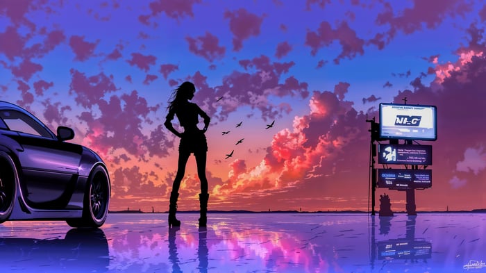Silhouette of a woman and a car at sunset