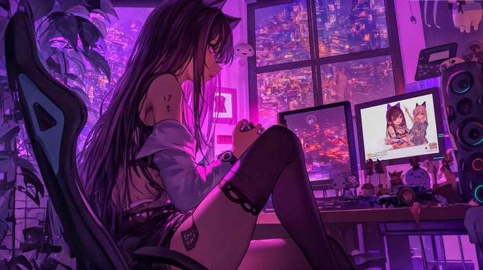 Anime Girl Gamer in a Neon City