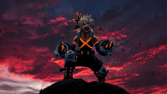 Katsuki Bakugo stands on a hill against a red sky
