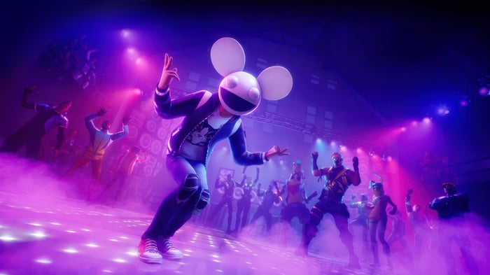 Deadmau5 and dancers at a Fortnite concert