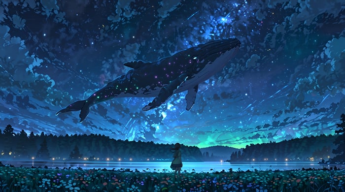 Whale and girl under the Northern Lights